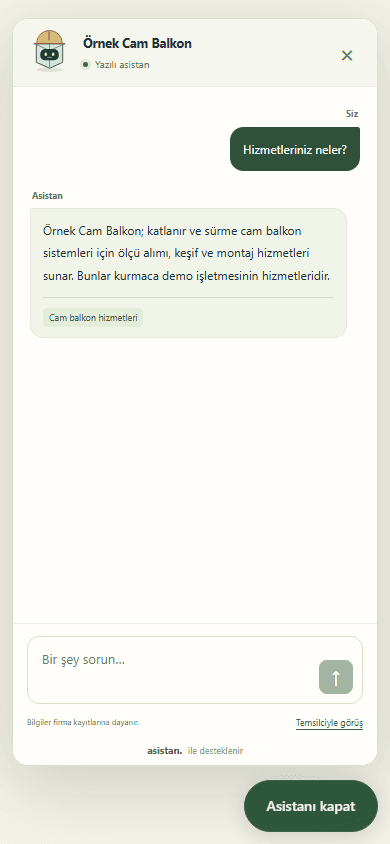 Örnek Cam Balkon firmasının mobil sitesine gömülmüş, onaylı hizmet bilgisinden yanıt veren AI Asistan geliştirme demosu