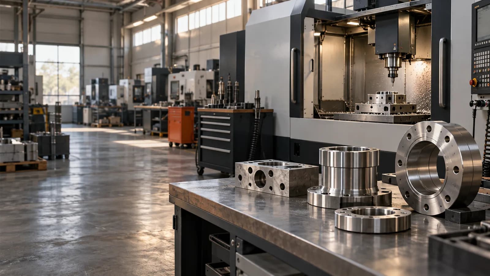 Metal işleme atölyesinde CNC tezgâhı ve işlenmiş çelik parçalar; temsili editoryal görsel.
